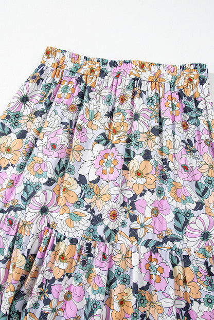 Boho Floral Side Slit Tiered Maxi Skirt