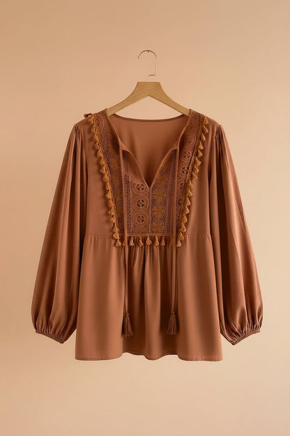 Plus Size Boho Embroidered Tassel Tie Long Sleeve Blouse