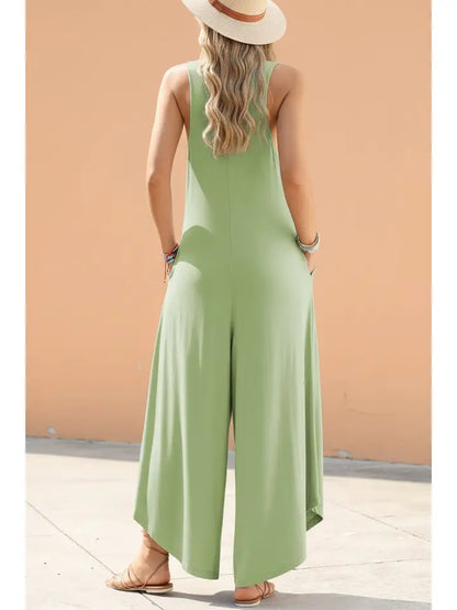 Solid Sleeveless V-Neck Wide Leg Jumpsuit