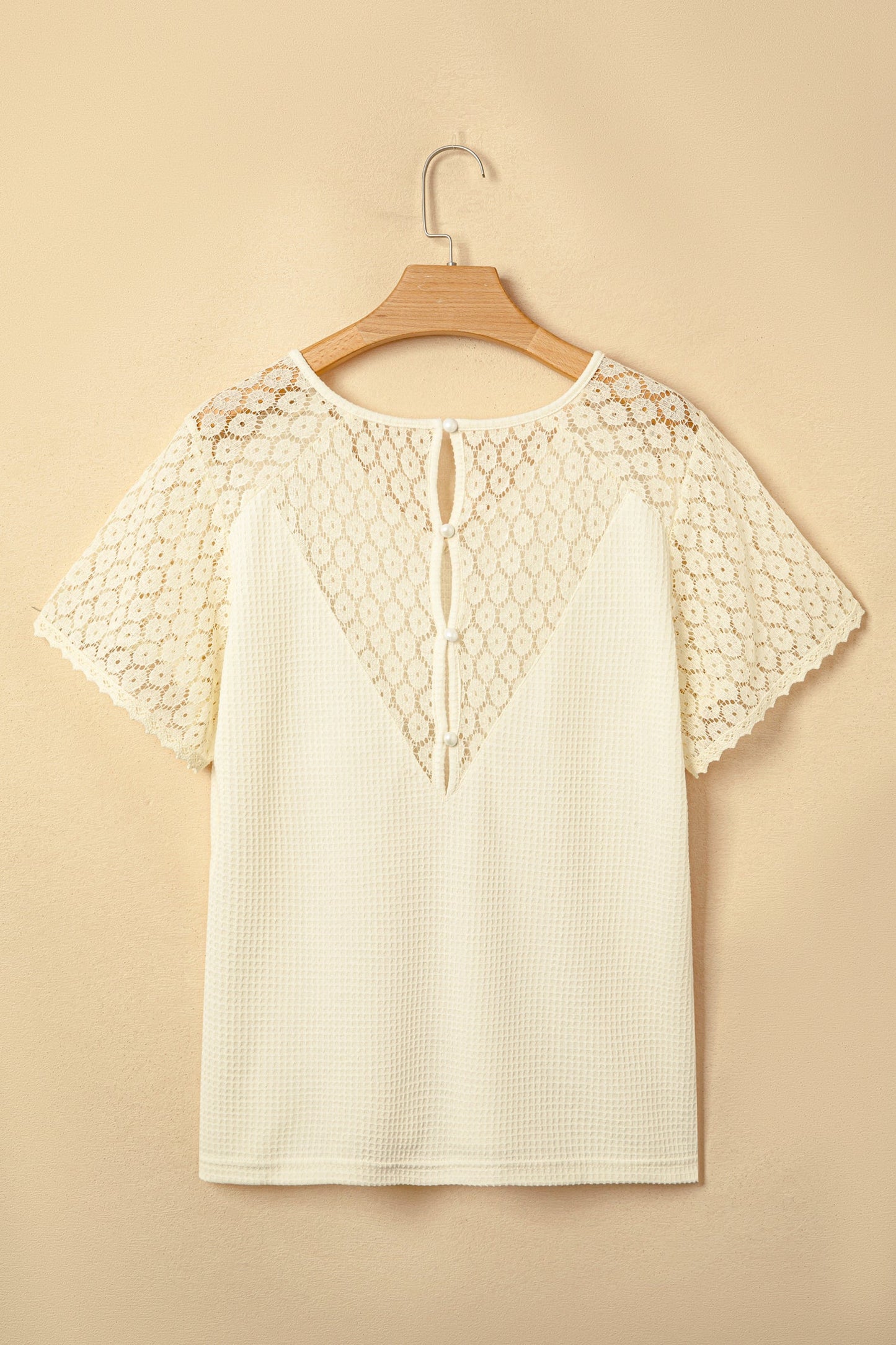 Lace Patchwork Buttoned Cutout Waffle Knit Blouse