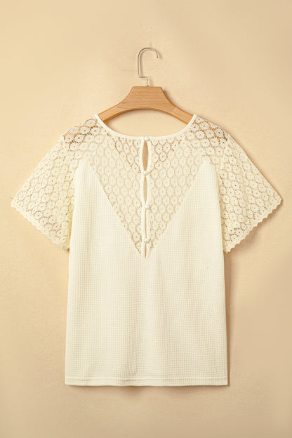 Lace Patchwork Buttoned Cutout Waffle Knit Blouse