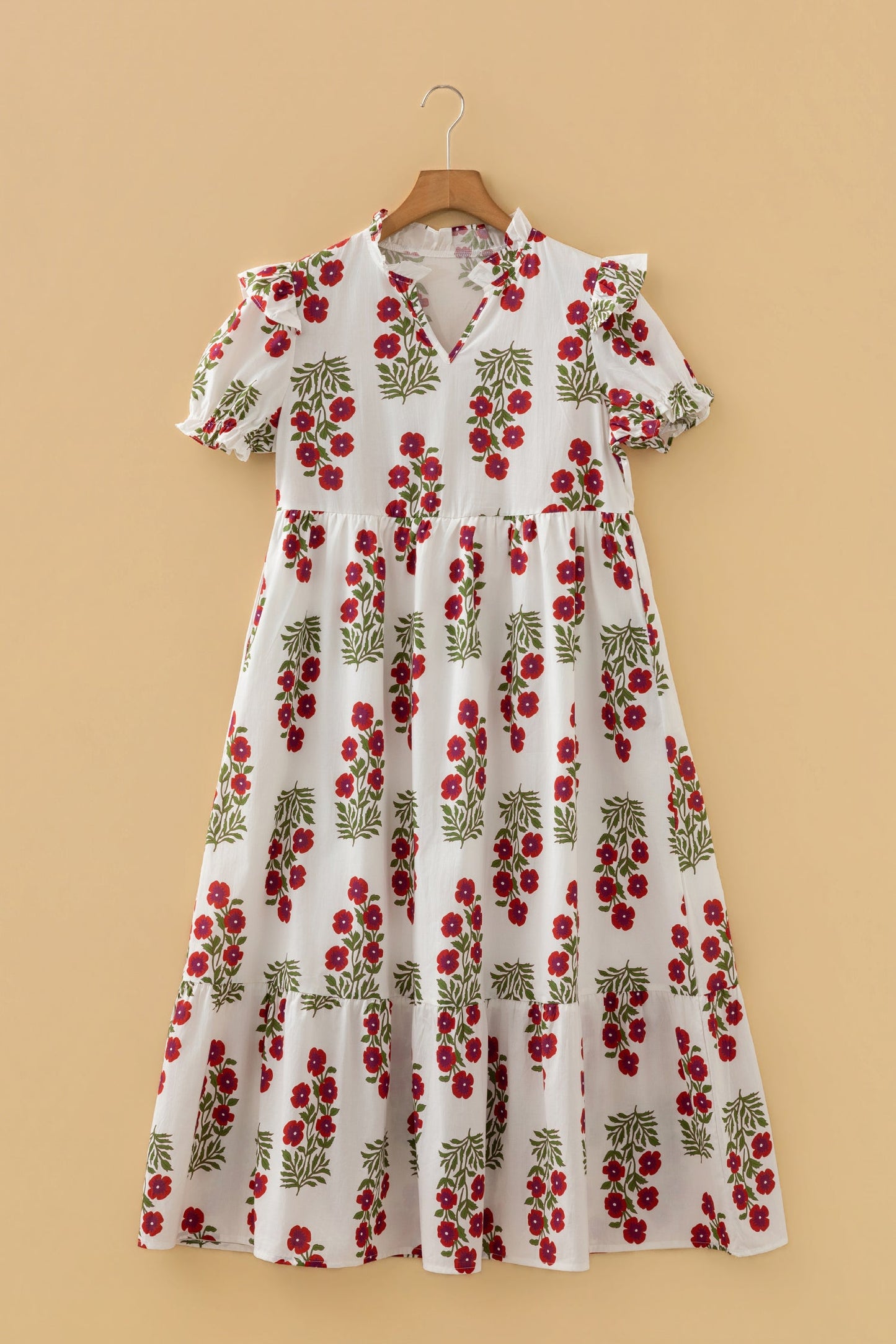 Floral V-Neck 3/4 Puff Sleeve Mini Dress