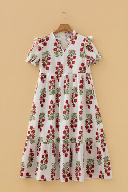 Floral V-Neck 3/4 Puff Sleeve Mini Dress