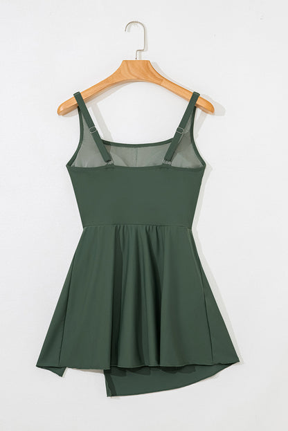 Solid Wrap Tie Waist Square Neck Swim Dress