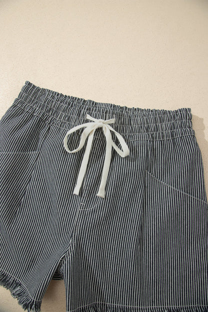 Stripe Denim Raw Edge Drawstring Waist Shorts