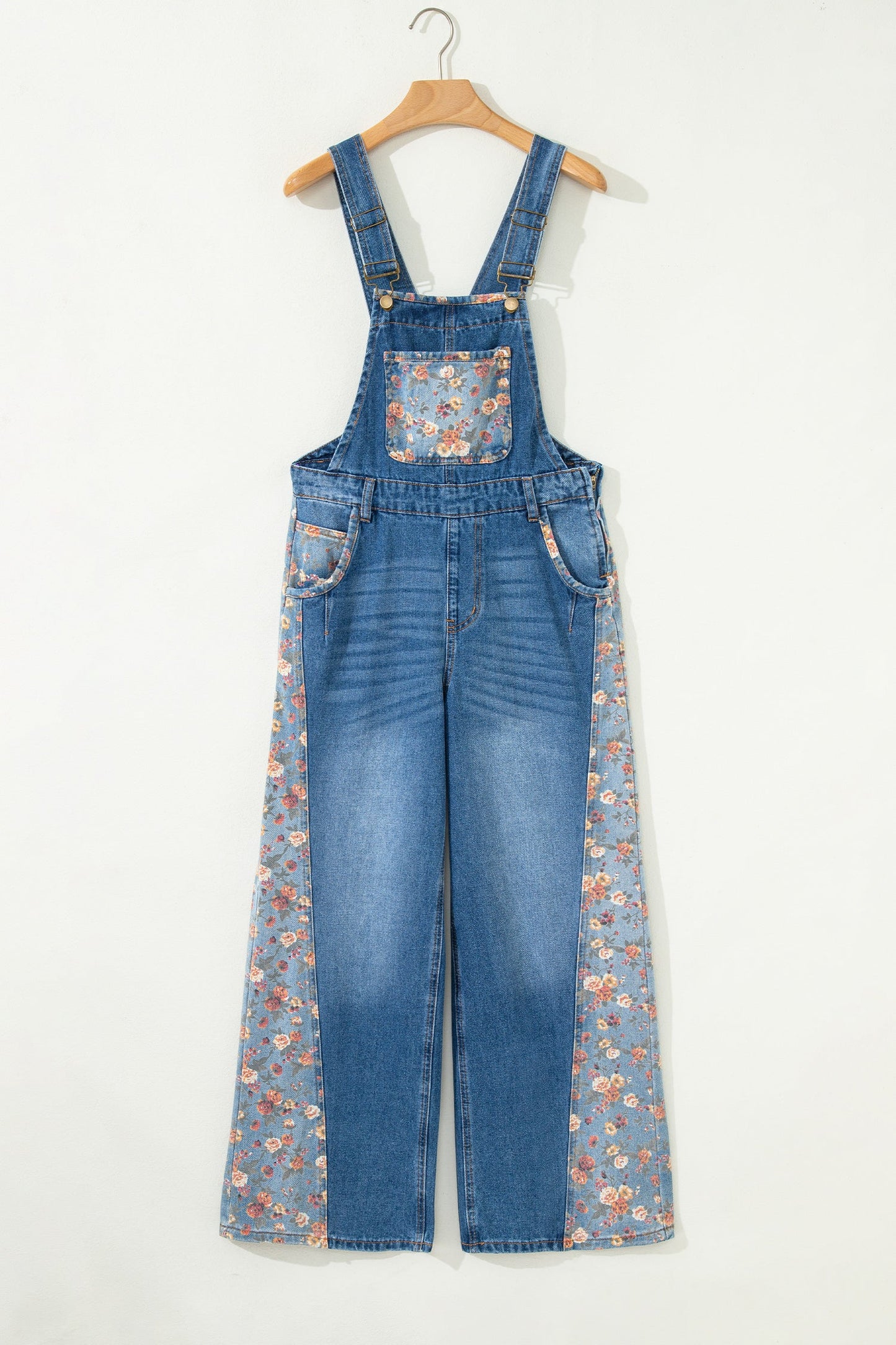 Floral Patchwork Bib Wide Leg Denim Overalls