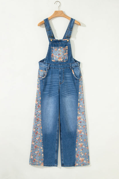 Floral Patchwork Bib Wide Leg Denim Overalls