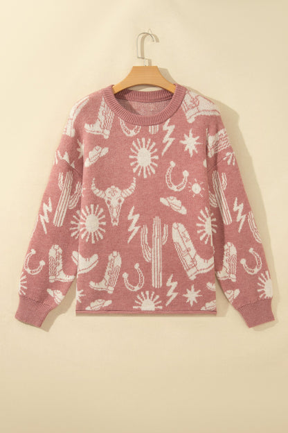 Western Drop Shoulder Long Sleeve Sweater