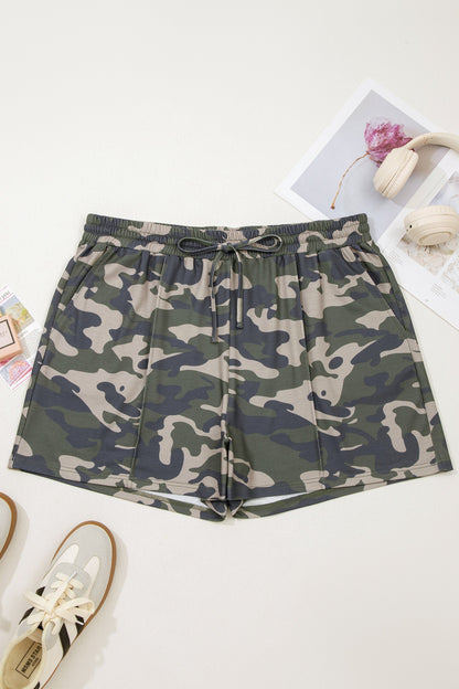 Plus Size Camo Elastic Waist Pocketed Shorts