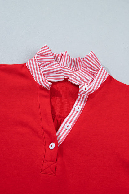 Stripe Frilled Collar Short Sleeve Blouse