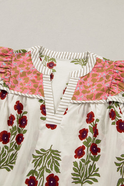 Floral Contrast Stripe Trim Flutter Sleeve Blouse