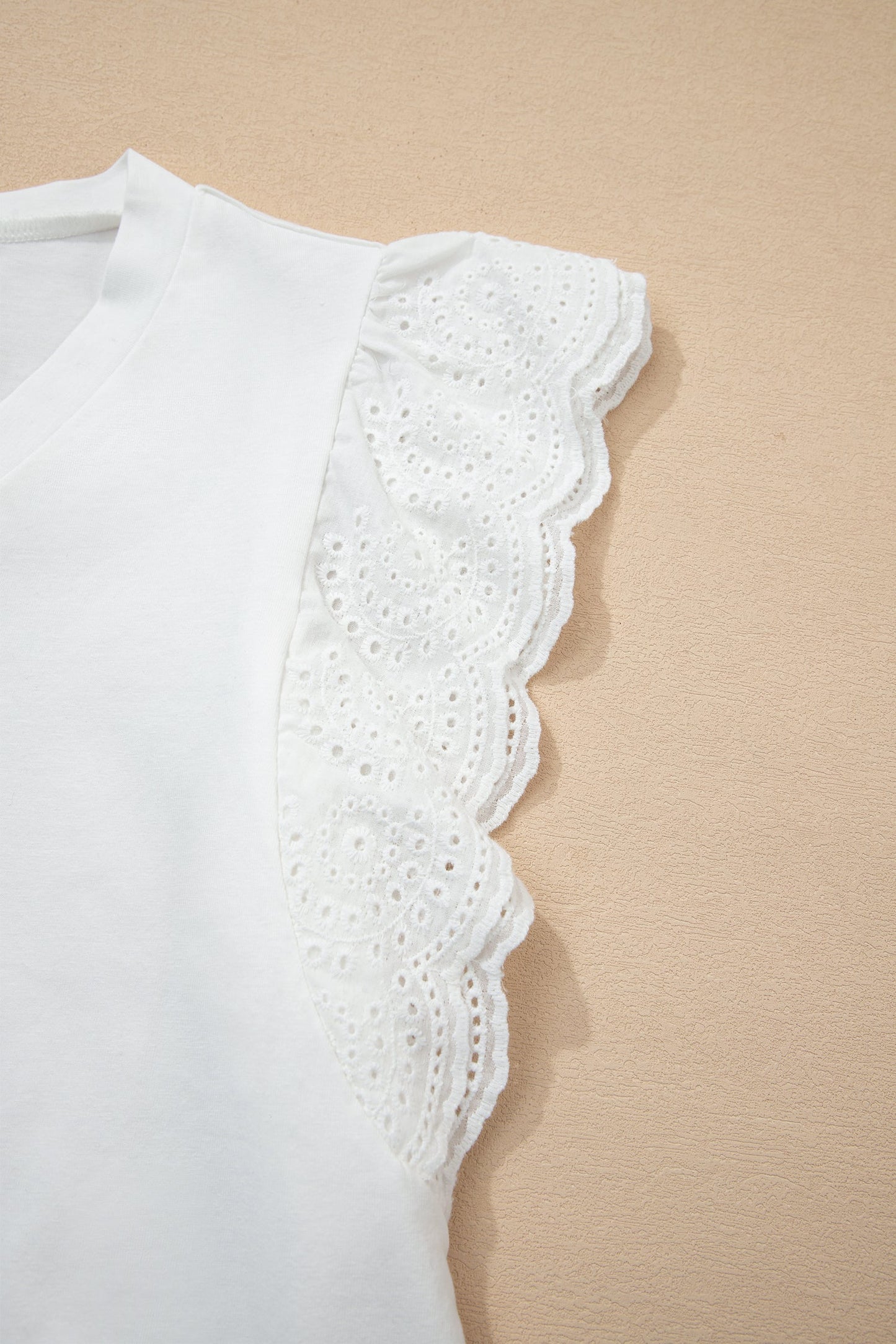 Eyelet Embroidered Flutter Sleeve Patchwork V-Neck Tee