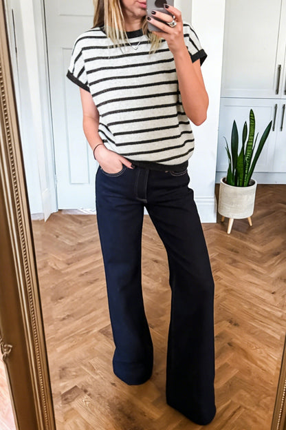 Stripe Bow Applique Short Sleeve Sweater