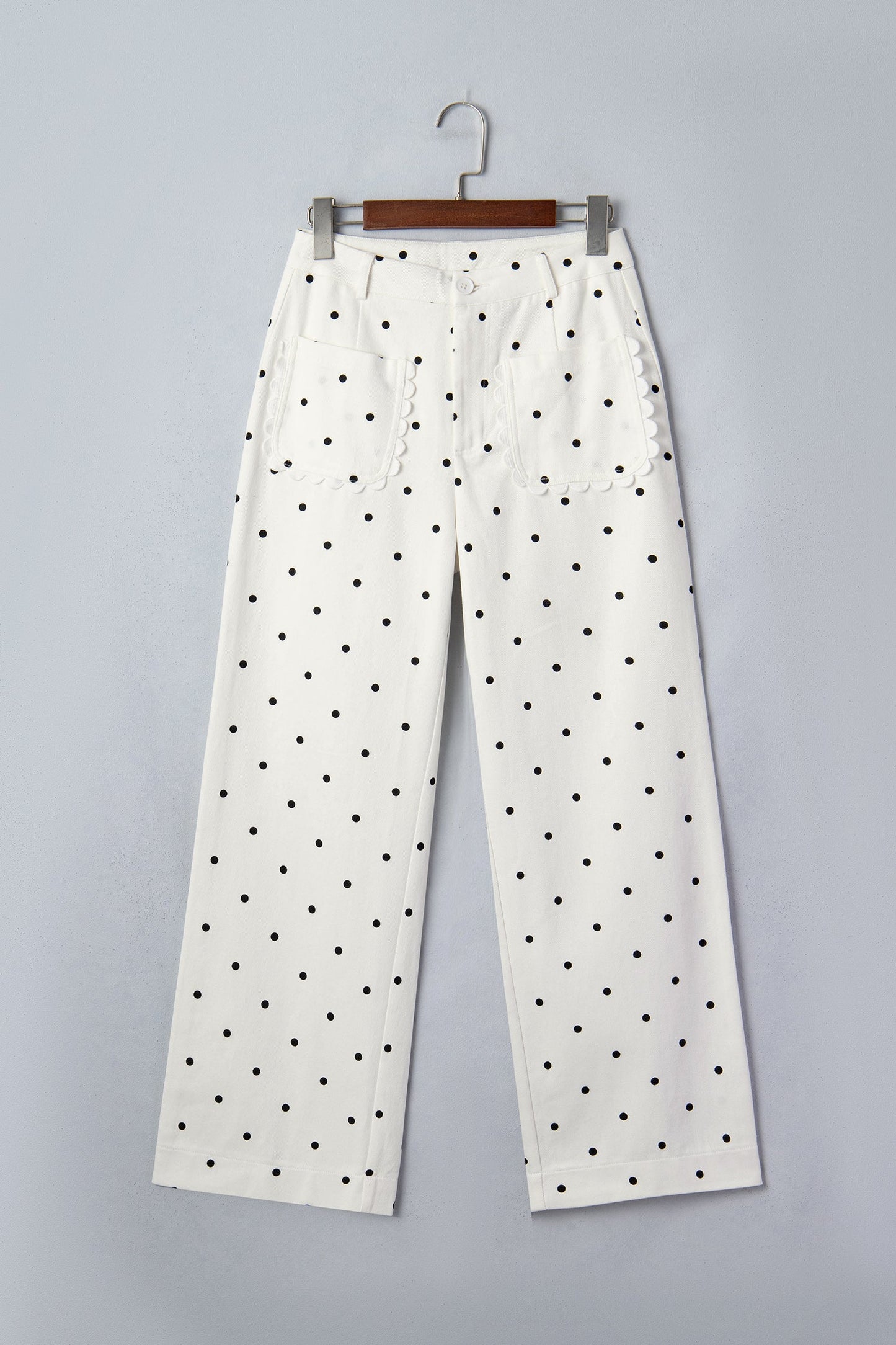 Polka Dot Denim Scalloped Patch Pocket Pants