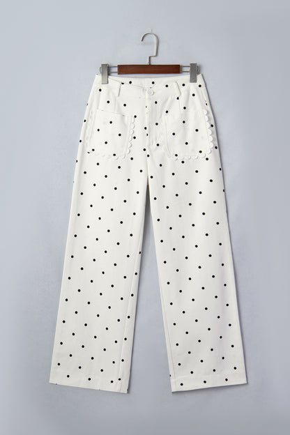Polka Dot Denim Scalloped Patch Pocket Pants