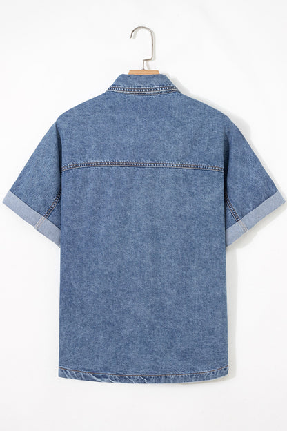 Denim Buttoned Flap Pocket Cuffed Short Sleeve Shirt