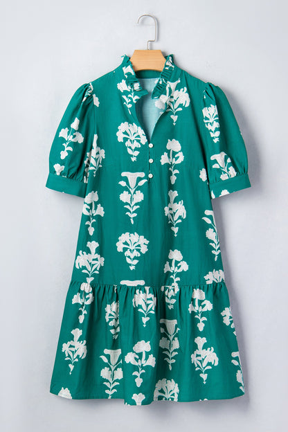 Floral Frilled V-Neck Puff Sleeve Mini Dress