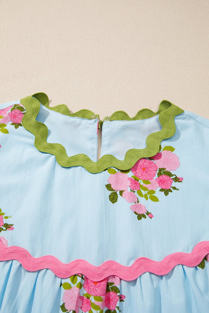 Floral Contrast Ricrac Trim Bubble Sleeve Dress