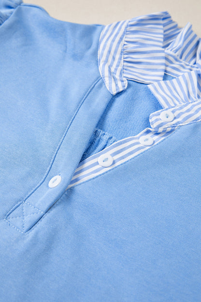 Stripe Frilled Collar Short Sleeve Blouse
