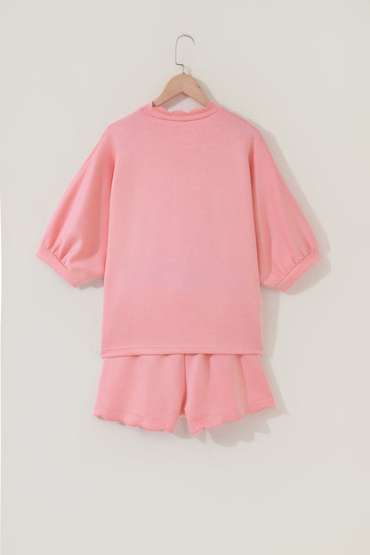 Scalloped V-Neck Dolman Top & Drawstring Short Set