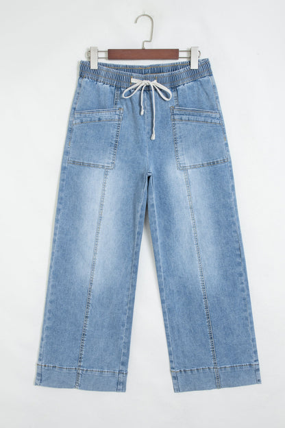 Denim Contrast Drawstring Waist Wide Leg Jeans
