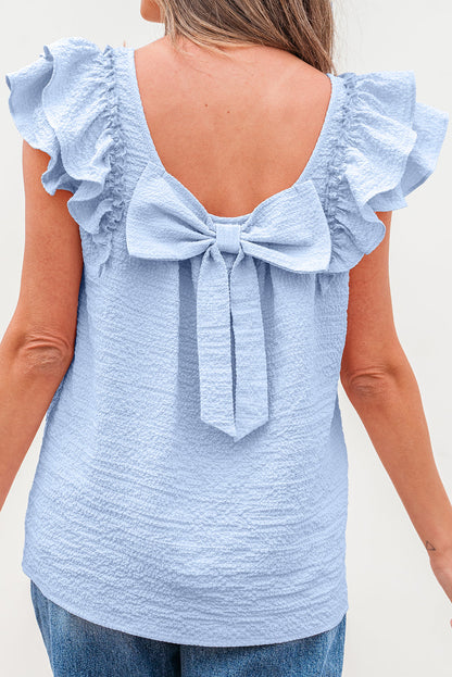Textured Bow Back Frilled Butterfly Sleeve Blouse