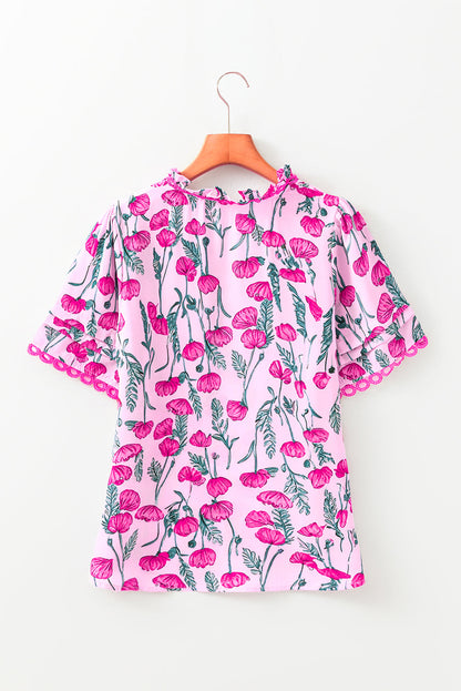Floral Lace Detail Frilled V-Neck Short Sleeve Blouse