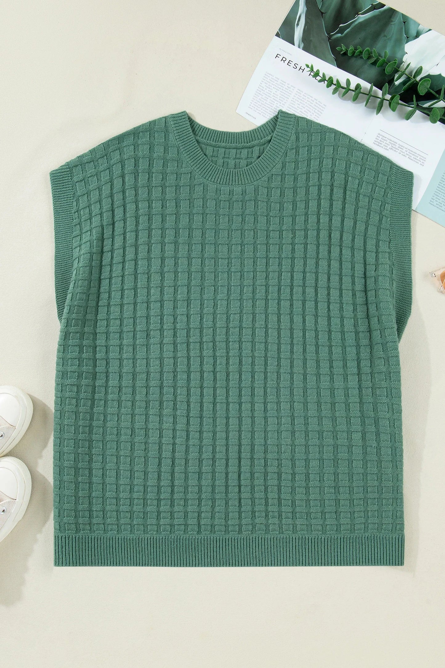 Plus Size Solid Textured Knit Short Sleeve Top