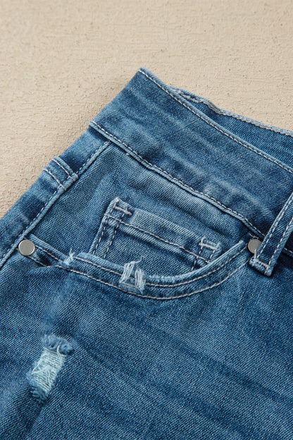 Denim High Waist Frayed Hem Flare Jeans