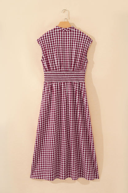 Gingham Plaid Zipped Cinched Waist Maxi Dress