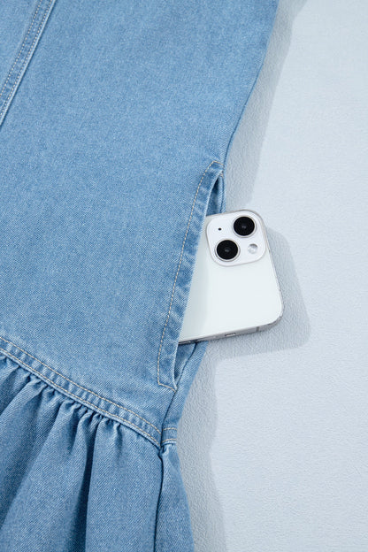 Denim Short Puff Sleeve Ruffle Hem Buttoned Dress