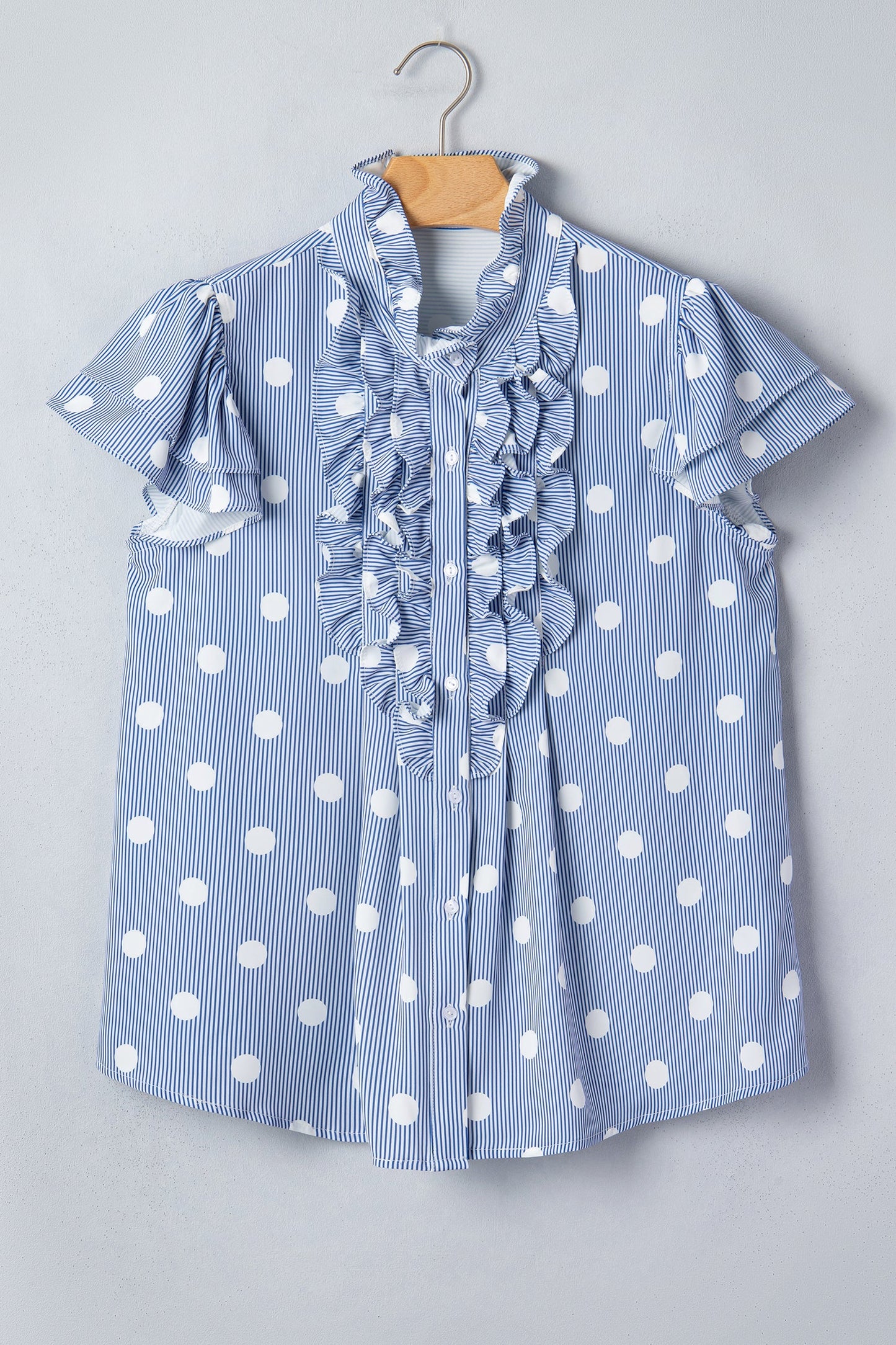 Stripe Contrast Polka Dot Pleated Ruffle Sleeve Shirt
