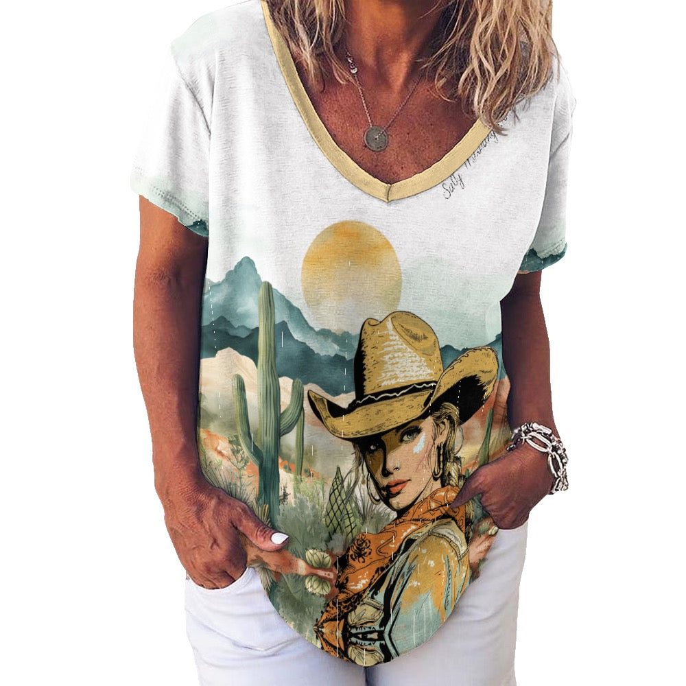 Limpia Creek Cowgirl V-Neck Loose Short Sleeve T-Shirt