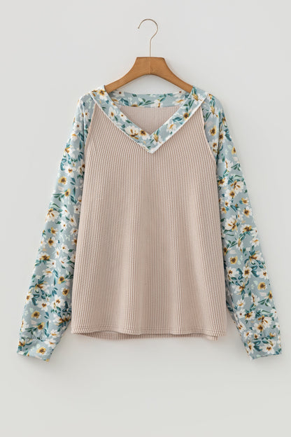 Floral Patchwork Corded Knit Long Sleeve Top