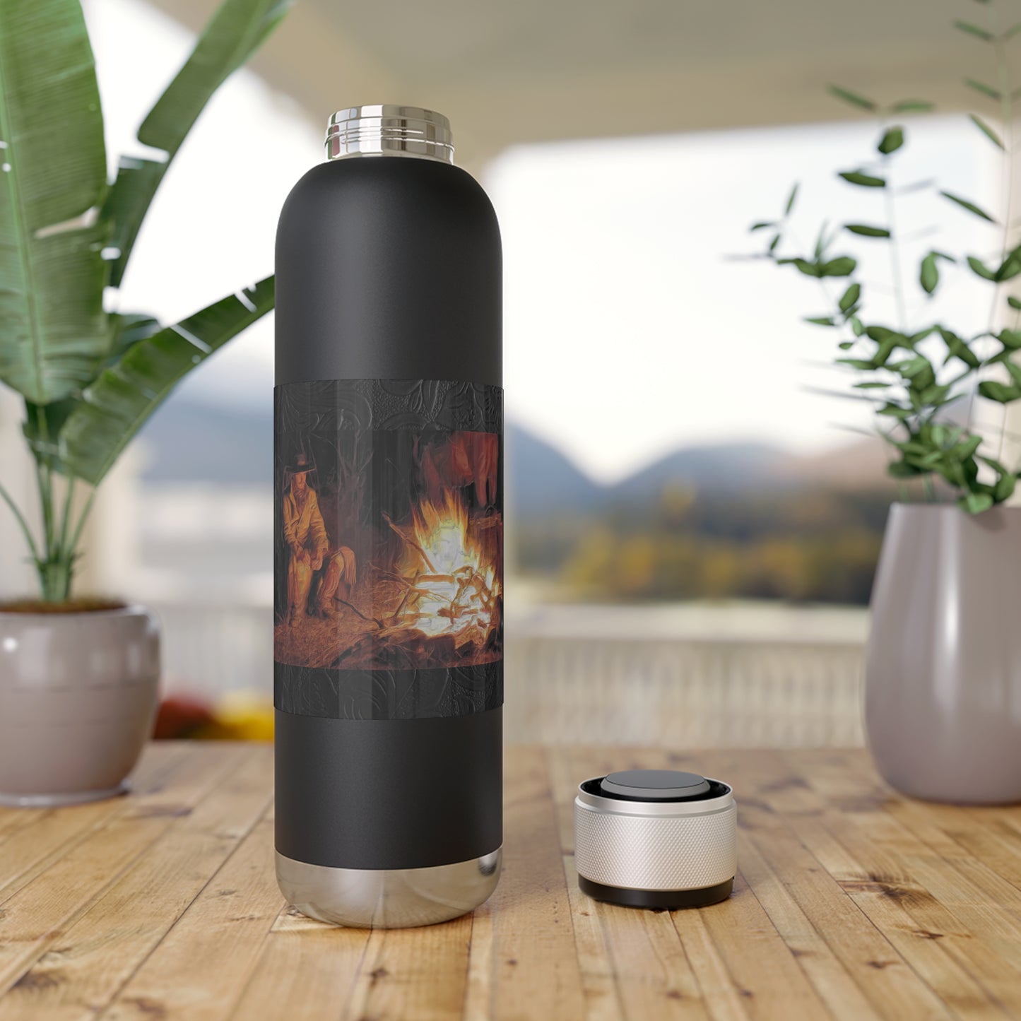 Campfire Cowboy Black Leather Print Background Soundwave Copper Vacuum Bluetooth Audio Bottle 22oz