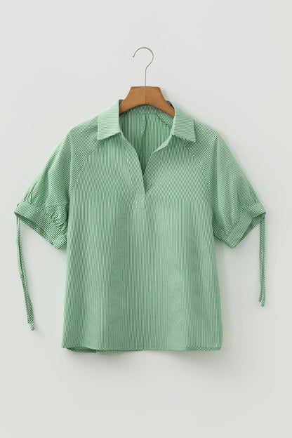 Stripe Tied Short Sleeve Collared Blouse