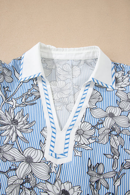 Floral Stripe Polo Collar Short Sleeve Blouse