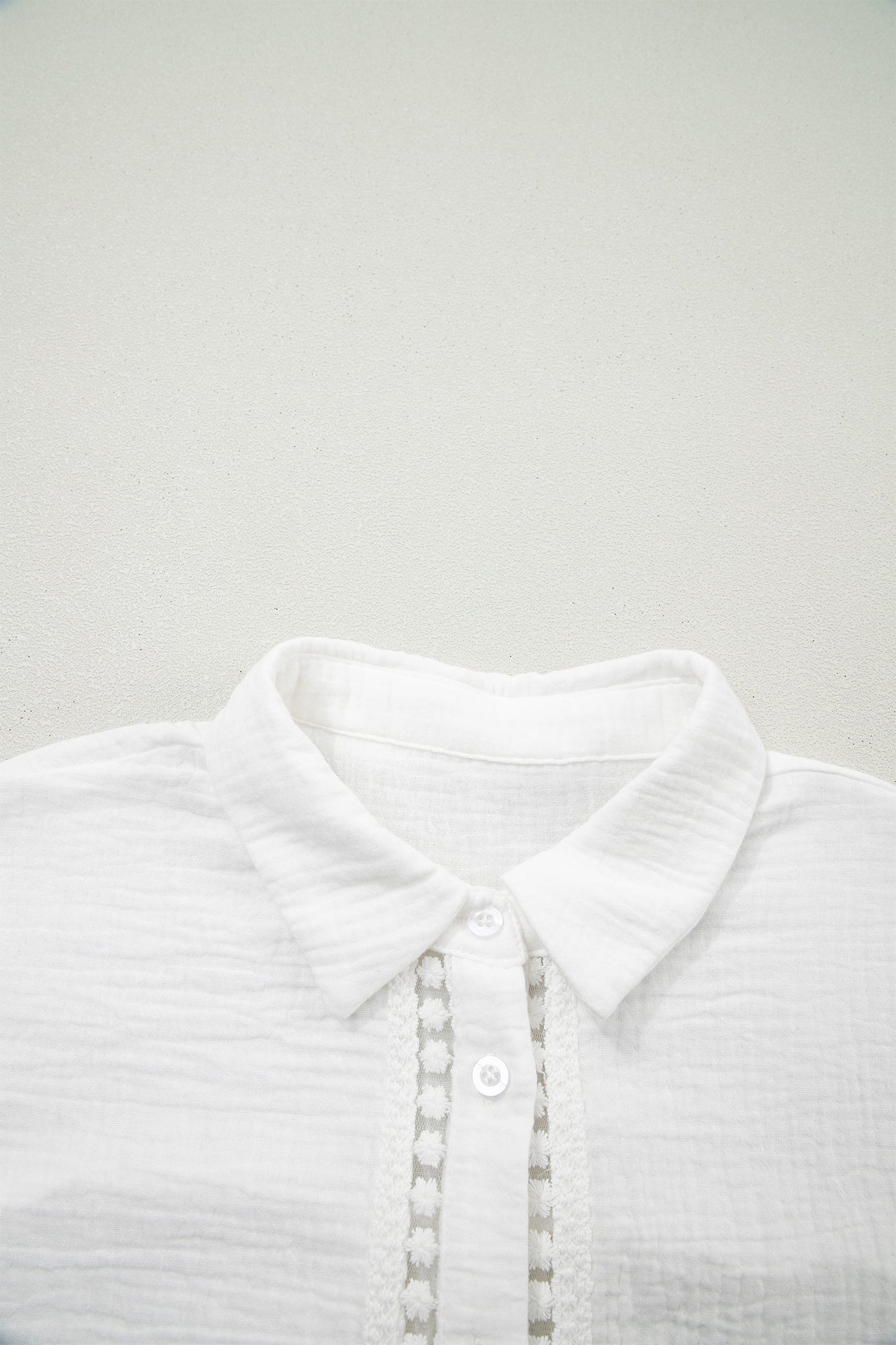 Solid Crinkle Textured Lace Trim Buttoned Shirt