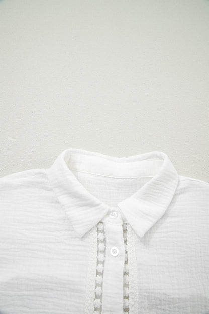 Solid Crinkle Textured Lace Trim Buttoned Shirt