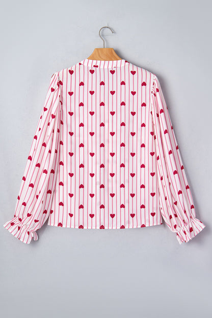 Stripe Textured Heart Flounce Sleeve Shirt