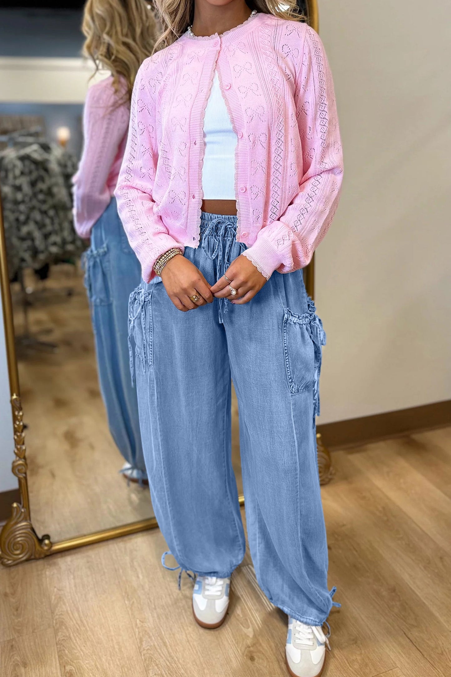 Denim Drawstring Pocket Elastic Waist Loose Pants
