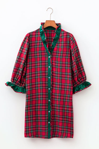 Plaid Ruffle Colorblock Buttoned Mini Dress