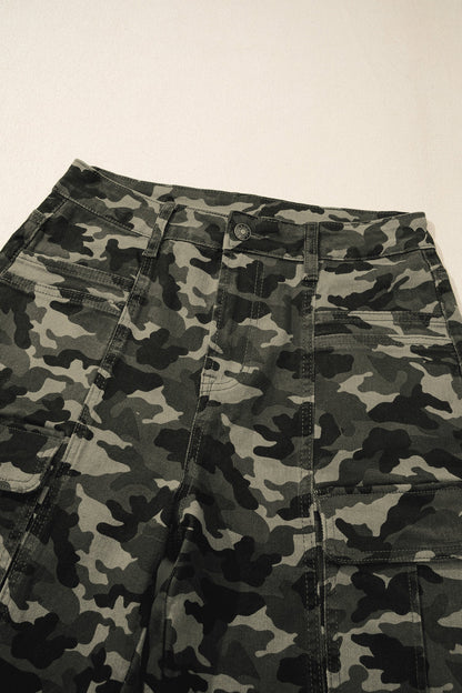 Camo Denim Cargo Pocket Wide Leg Pants