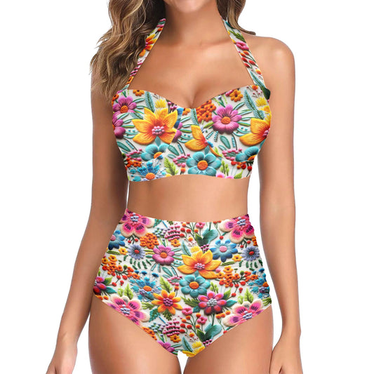 Embroidered Vibrant Floral Halter Neck Bikini Swimsuit