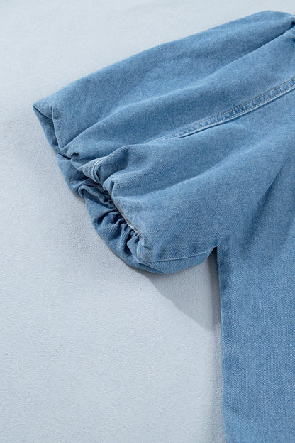 Denim Short Puff Sleeve Ruffle Hem Buttoned Dress