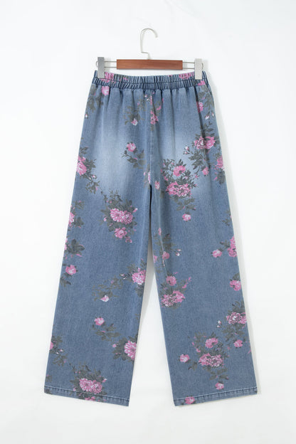Floral Denim Elastic Waist Straight Leg Jeans