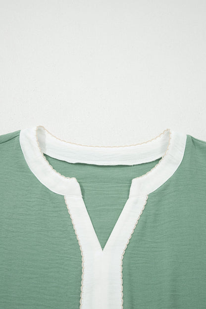 Floral Embroidered Colorblock Puff Sleeve Babydoll Blouse