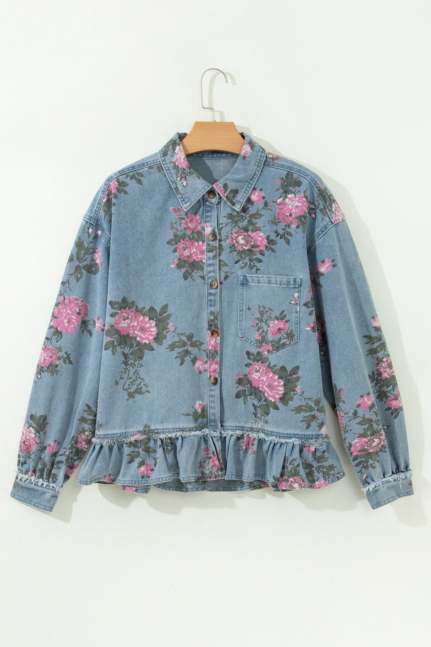 Floral Denim Raw Seam Ruffle Hem Jacket