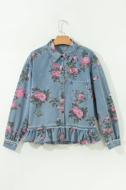 Floral Denim Raw Seam Ruffle Hem Jacket