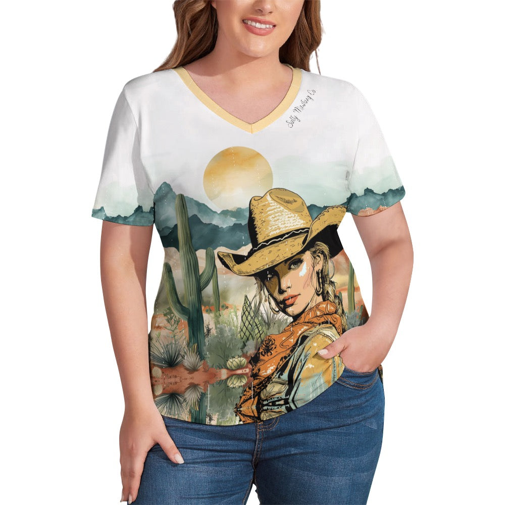 Limpia Creek Cowgirl V-Neck Loose Short Sleeve T-Shirt